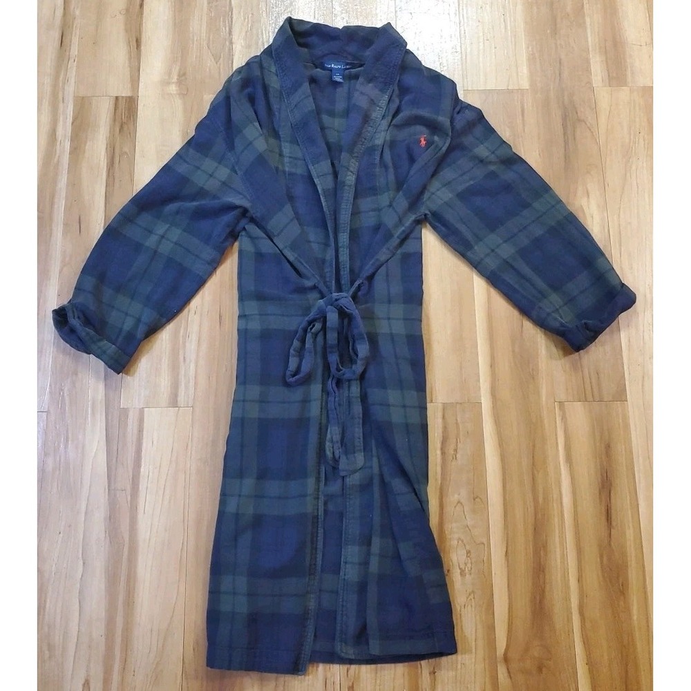 Polo Ralph Lauren Mens Plaid Flannel‎ Robe Blue Green Size S/M 100% Cotton Pony